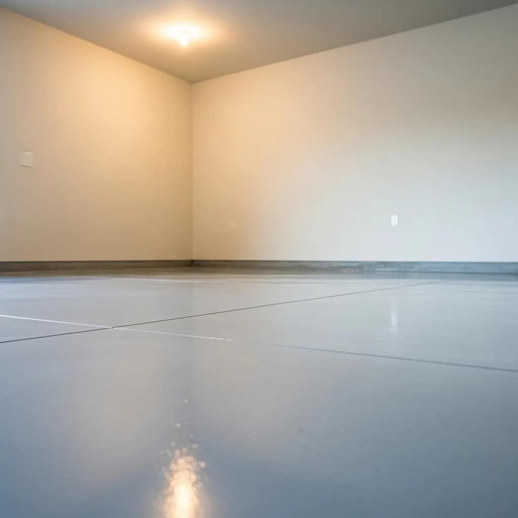 Close-up view of smooth grey concrete floor installed in a Calgary home by Tenmen Construction.
