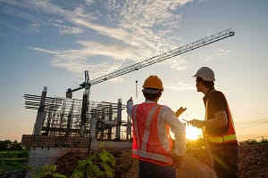 Engineers overseeing a large commercial concrete construction site with cranes during sunset