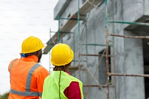 Two workers wearing yellow safety helmets and vests at concrete building site