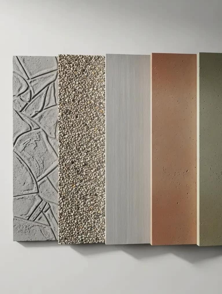 Display of multiple decorative concrete finish samples including stamped, exposed aggregate, and colored concrete by Tenmen Construction in Calgary.